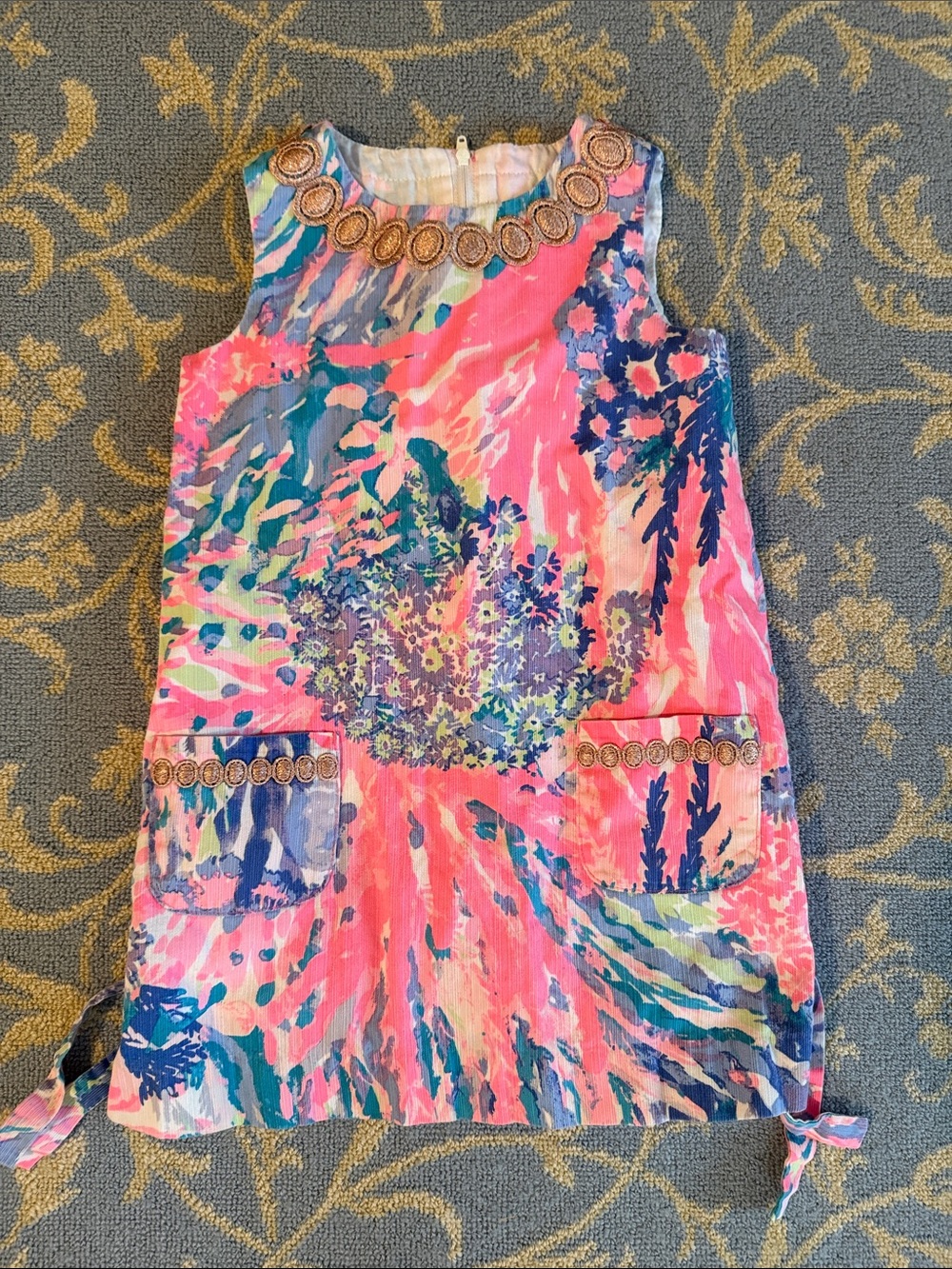 Girls' Multicolor Floral Shift Dress with Embellished Neck